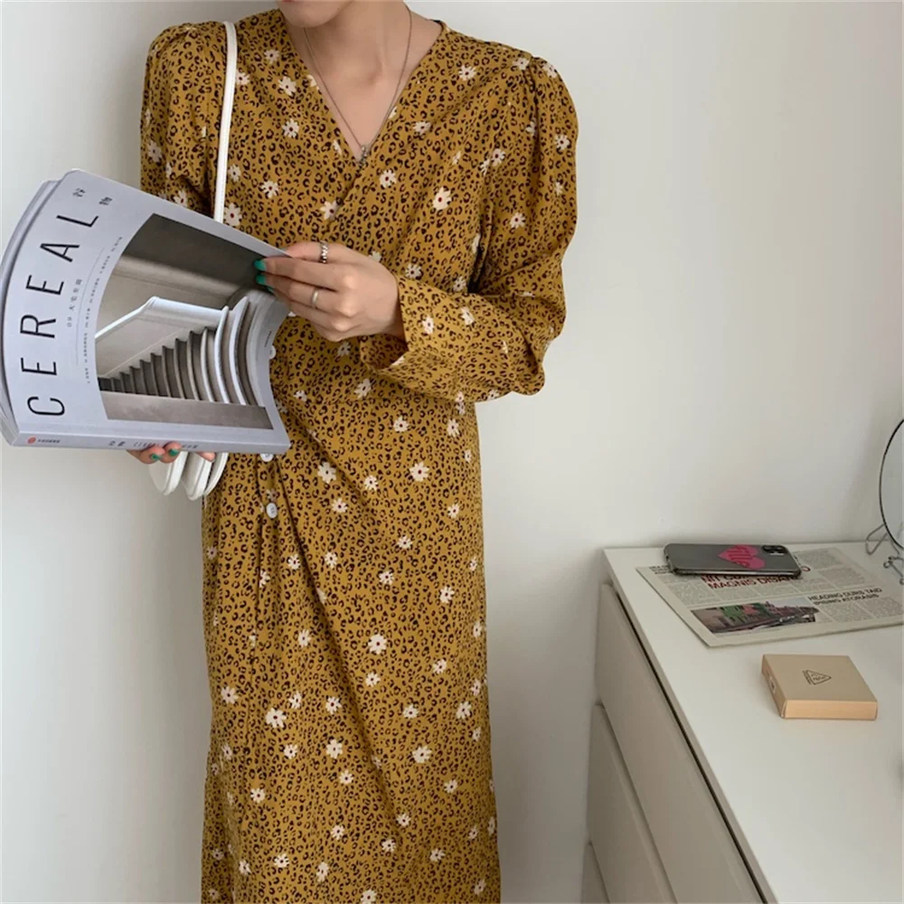 

HziriP Spring Yellow Retro Printed Dress Women Office Wear Florals 2022 Chic High Waist New Casual Full Sleeves Mujer Vestidos