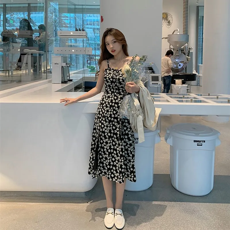 

Sexy Women's Suspender Dress Print Floral Lady A line Mid Length Camisole Dress Spring Summer 2021 Women Spaghetti Strap Skirts