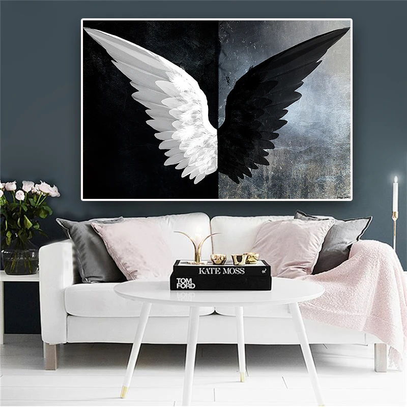 

Black and White Powerful Feather Wings Canvas Painting Scandinavian Posters and Prints Nordic Wall Art Picture for Living Room