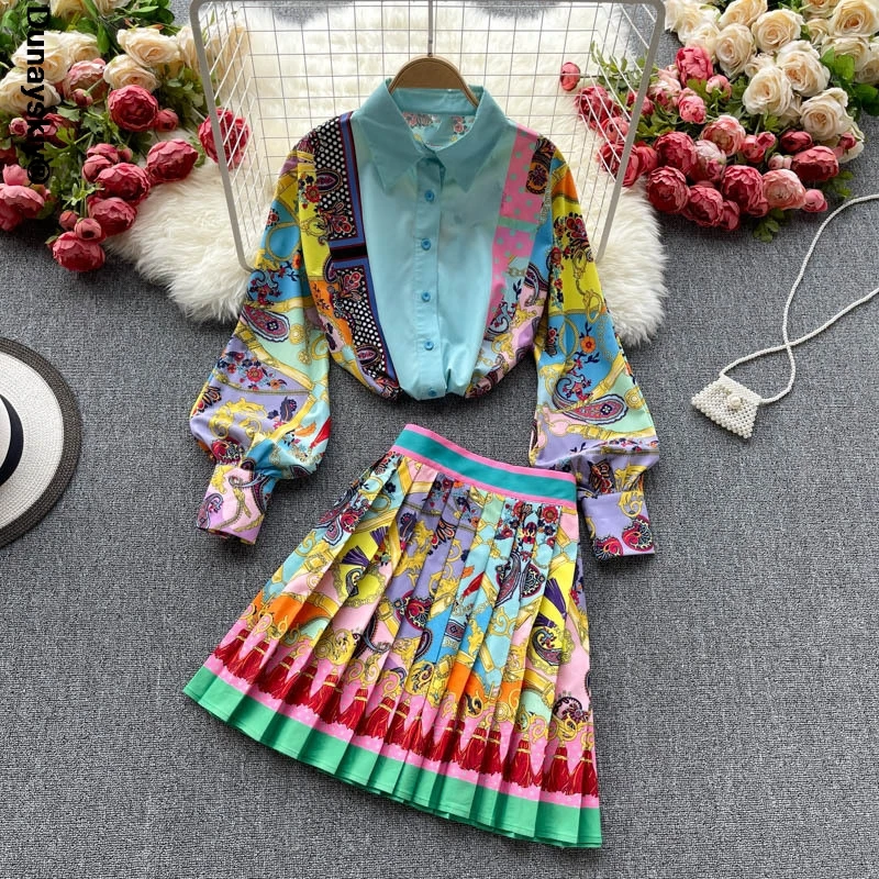 

2021 Spring Fashion Temperament New Exotic Print Lapel Puff Sleeve Shirt Female High Waist Slim Slim Skirt Suit