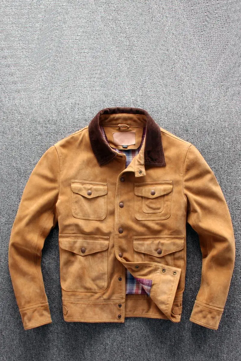 

men's safari 2021 style cow suede jacket RL copy Multi-pocket real leather coat men yellow single breasted casual jacket male