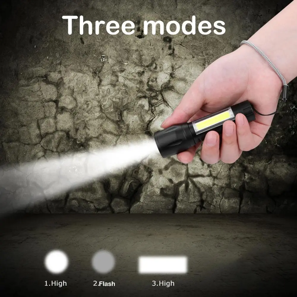 Мини USB Перезаряжаемый светодиодный тактический фонарь 2 луча COB портативный
