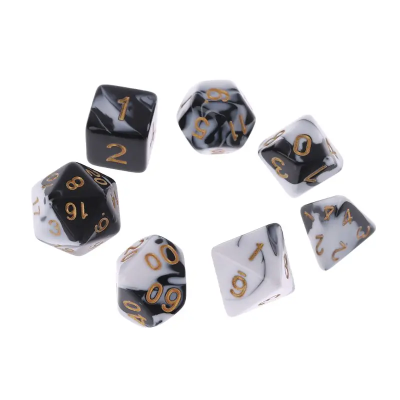 

New 7 Pcs Acrylic Dice Black White Gold Points D4 D6 D8 D10 D12 D20 KTV Bar Nightclub Entertainment Tools Adult Toys