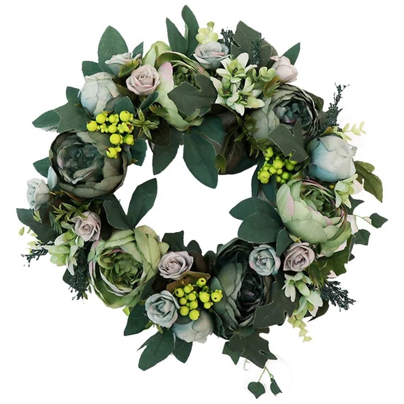 

Peony Wreath Summer Wreath 13Inch Artificial Rose Floral Twig Silk Lvy Wall Decoration for Front Door with Green Leaves