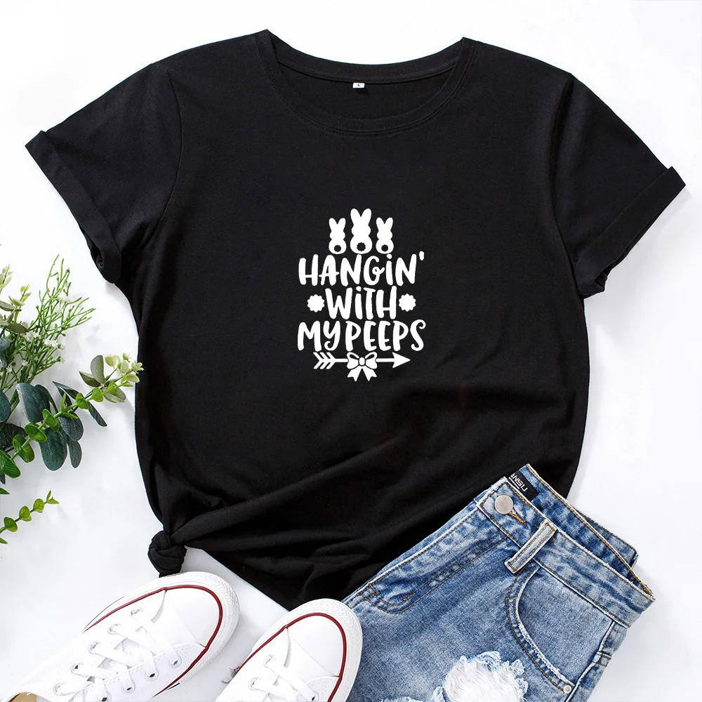 

Hangin' with My Peeps T-shirt Women Funny Short Sleeve Graphic Holiday Gift Tee Shirt Top Cute Bunny Easter Day Tshirt Women Top