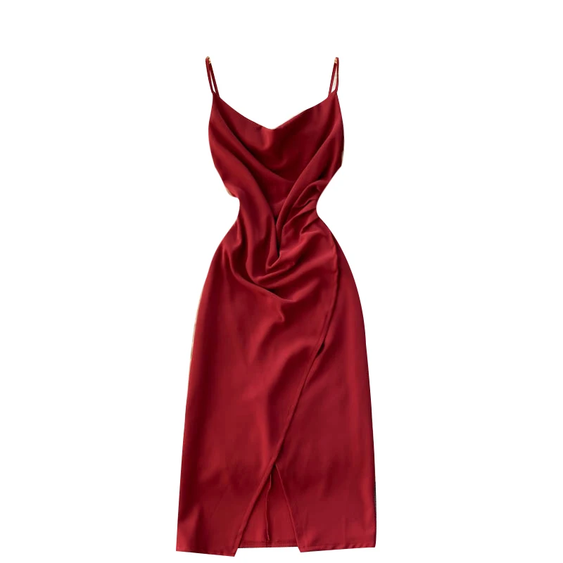 

Spring 2021 New Fashion Sexy Big Backless Vestidos Women's V-neck Strap Slim Slim Midi Dress with Split Hem C717
