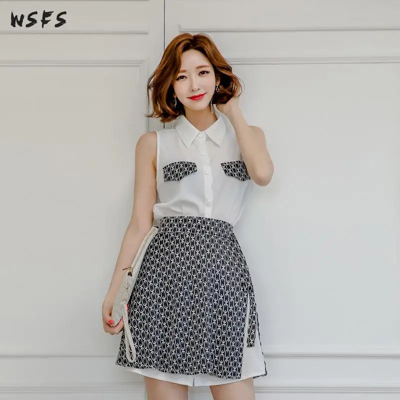 

2 Pieces Set White Shirts Dress Sleeveless Long Tops Blouses Black Belt Mini Skirt Sexy Party Office Ladies Womens Dress Suits