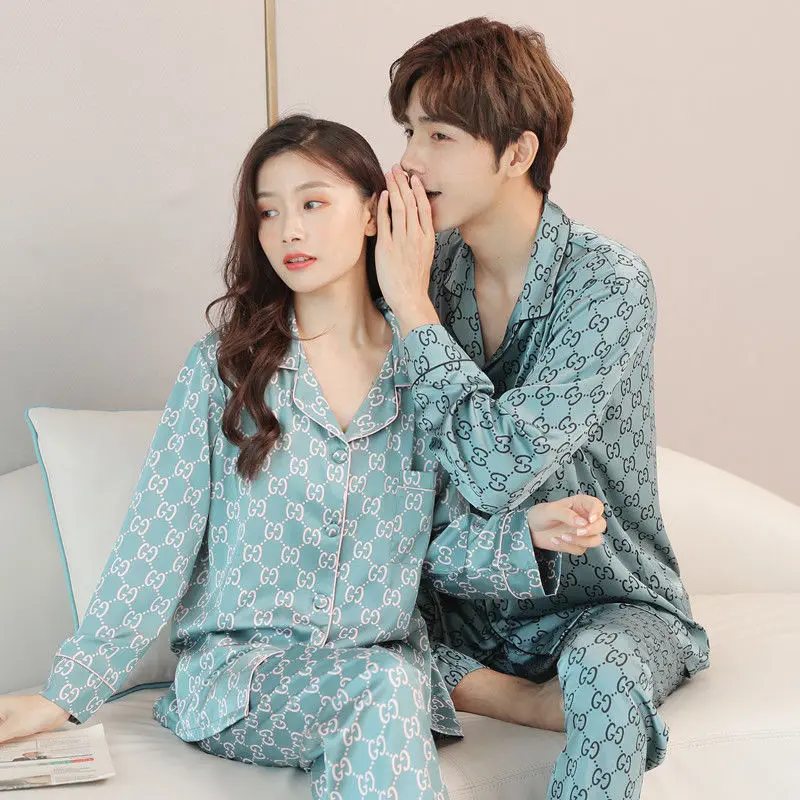 

Spring and autumn new couple pajamas autumn thin men's long sleeve suit silk home clothes women's ice silk two piece set
