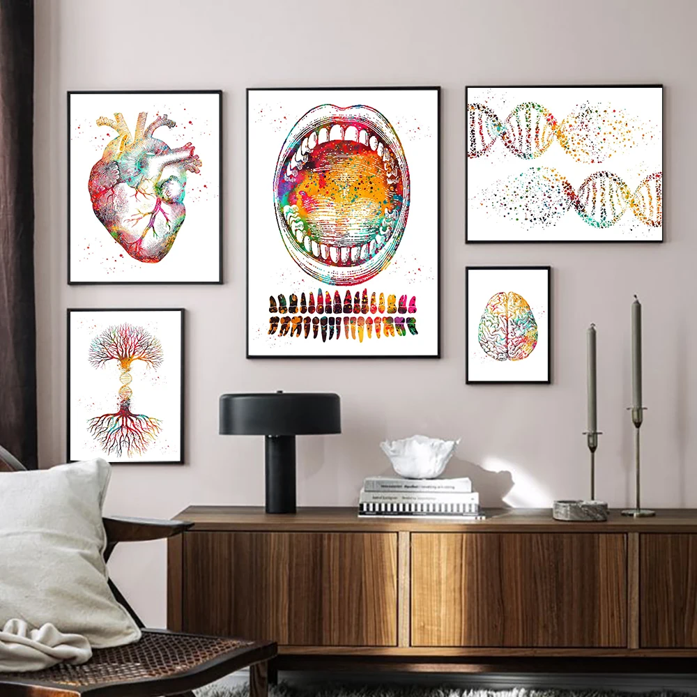 

Anatomy Art Human Heart Brain Posters Prints Tooth Chart Knee Bone Canvas Painting Dna Tree Wall Pictures Doctor Office Decor