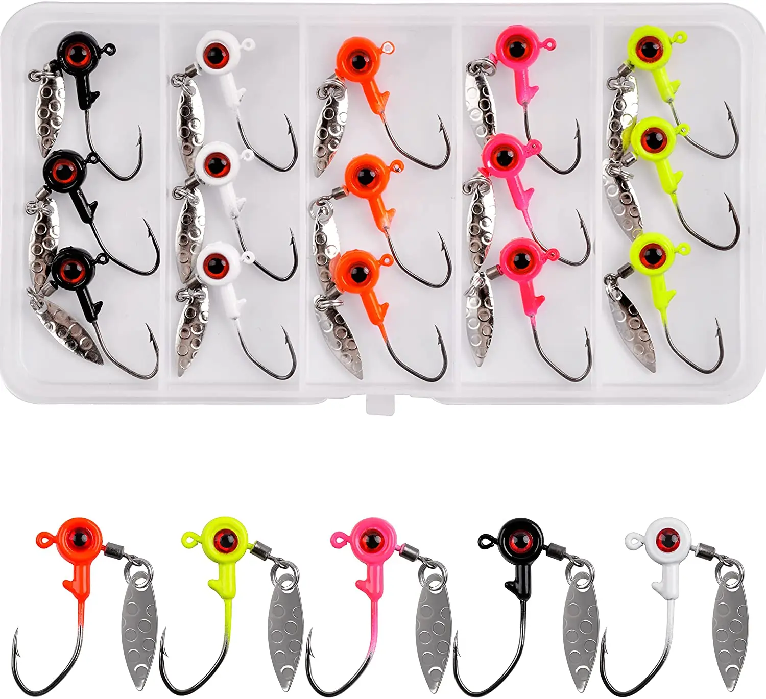 

15pcs Jig Head Hooks with Spin Blade Double Eyes Colorful Painted Panfish Fishing Jigs for Bass 1/ 16oz, 1/8oz, 3/16 oz