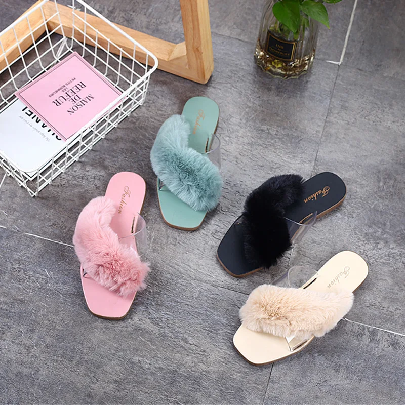 

2021 Women Winter Fur Slippers Adult EVA Insole Basic Slides Faux Autumn Indoor Female Fur Sandals Flat Shoes For Home