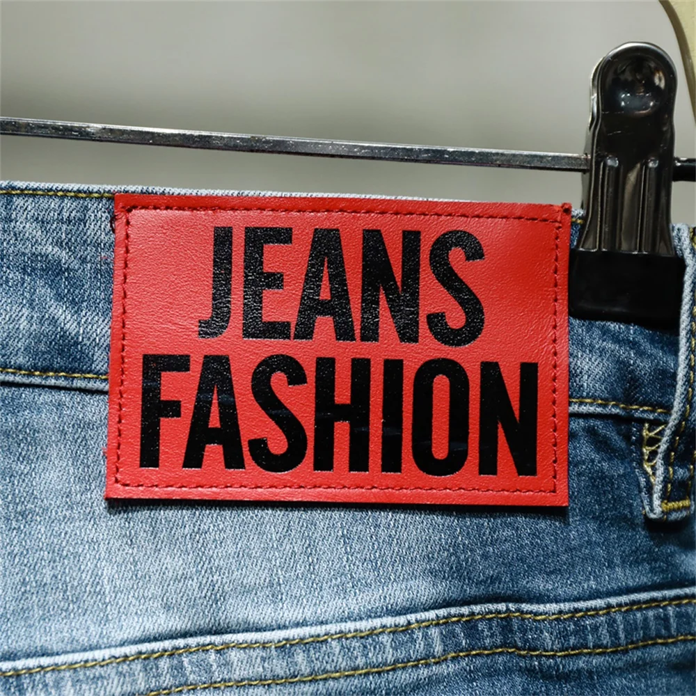 EH · MD® Paint Splashing Jeans Men's Hole Micro-chapter Embroidery Soft Cotton Elastic Leather Label Slim Pants Red Ears 2022