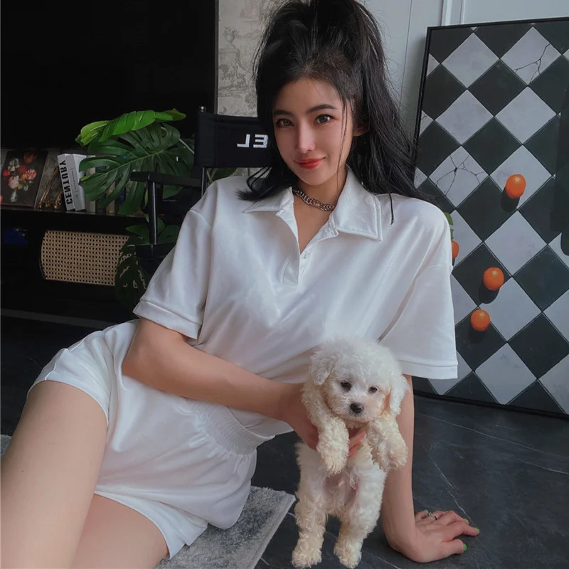 

TVVOVVIN 2022 летняя французская мода, Элегантная футболка-поло с воротником, вязаная футболка + белые мини-шорты, популярный сексуальный корейск...