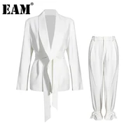 eam wide leg pants big size bandage two piece suit new lapel long sleeve loose fit women fashion spring autumn 2022 1da241