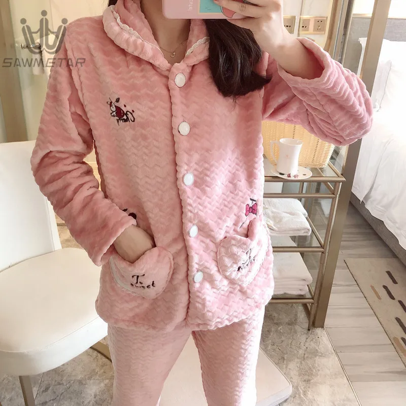 Пижама женская фланелевая осенне-зимняя длинный рукав длинные брюки | Женская