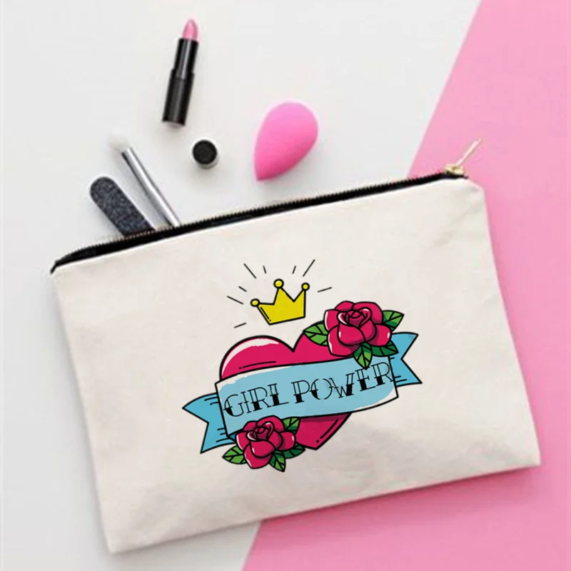 

Women Girl Power Heart Printed Make up bag Fashion Women Cosmetics Organizer Bag for Travel Colorful Storage Bag for Lady Bag