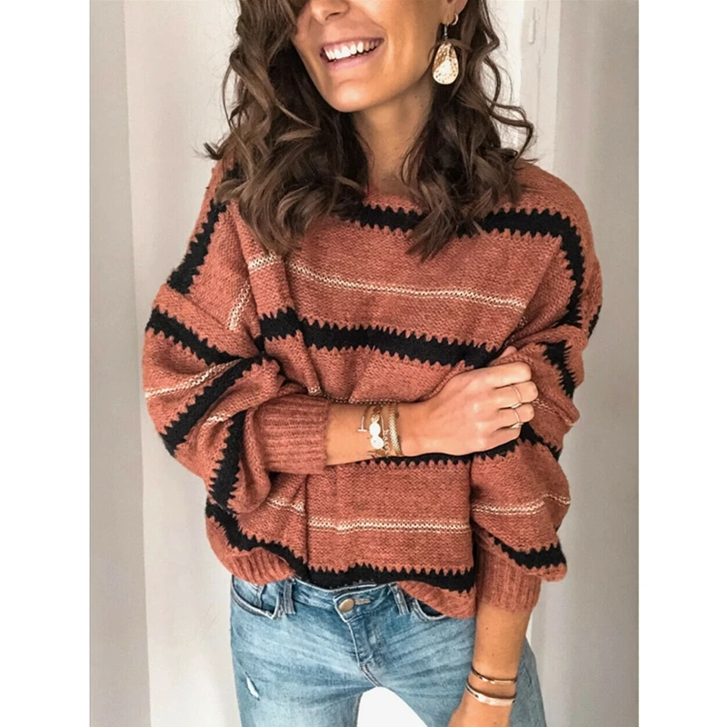 

Stretch Women Sweaters Loose Pullovers Soft Primer Tops Long Sleeve Casual Slim Fit Sweater 2019 Autumn Winter Striped Oversized