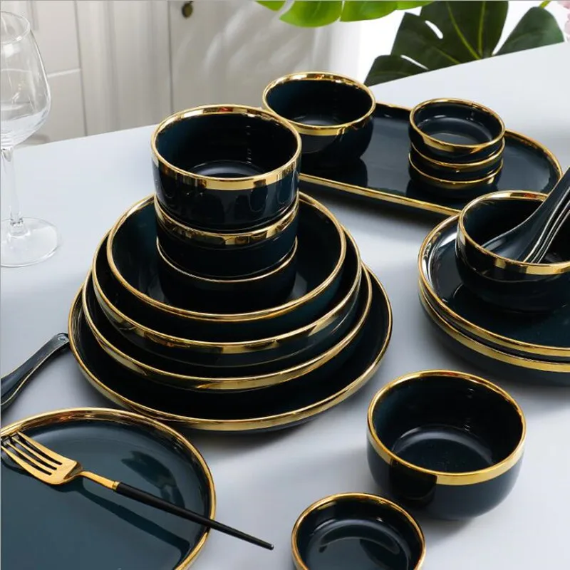 

Gilt Rim Dark green Plate Steak Food Nordic Style Tableware Bowl Ins Dinner Dish High End Porcelain Dinnerware Set