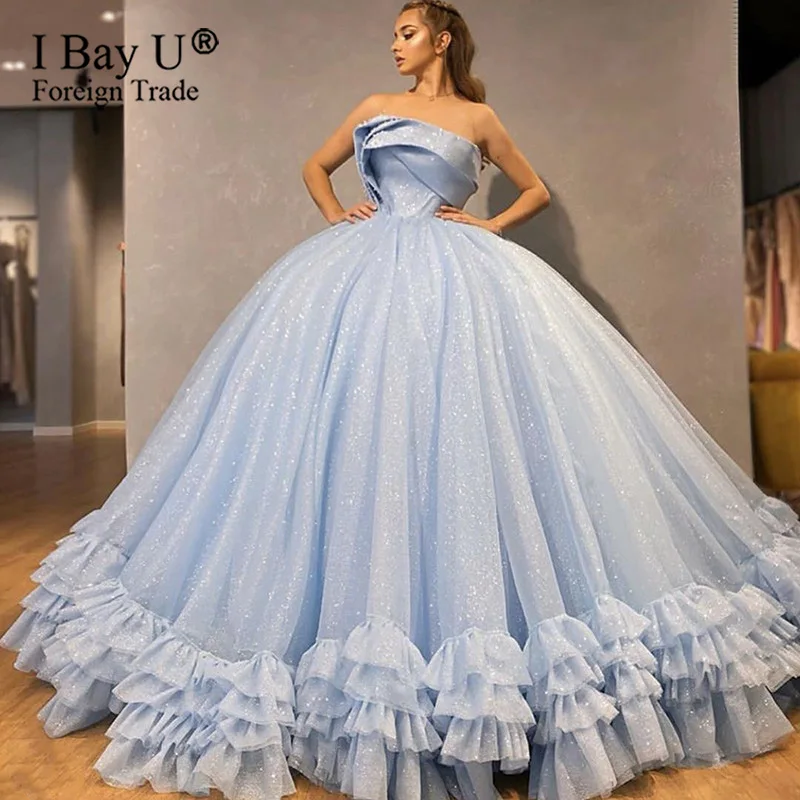 

Небесно-голубое блестящее кружевное бальное платье невесты, свадебные платья 2020, без бретелек, со складками многоуровневый задний наряд, св...