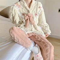 2021 autumn winter warm flannel women pyjamas sets thick coral velvet long sleeve cartoon sleepwear thin flannel pajamas set