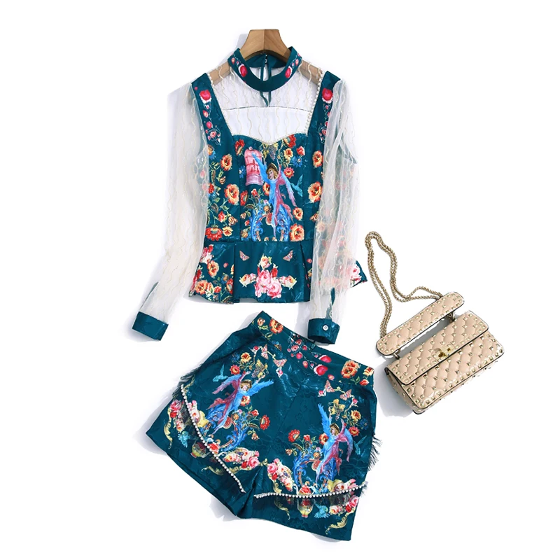 

Runway Designer Retro Spring New Women Sets Mesh Patchwork Beading Tops + Jacquard Printed Shorts Fashion Party Two-Piece Suit