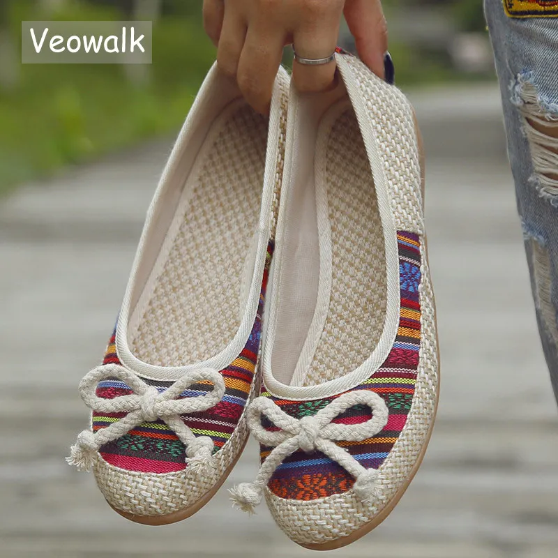 

Женские туфли ручной работы Veowalk, льняные, хлопковые туфли на плоской подошве с бантом, удобные, без шнуровки, Дамская Повседневная мягкая об...
