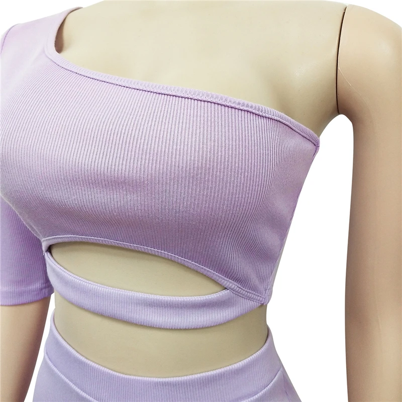 

2020 Women Ribbed Sets Summer Tracksuits Fitness Hollow Out One Sleeve Skinny Tops+Pants Suit Two Piece Set 2 Pcs Street