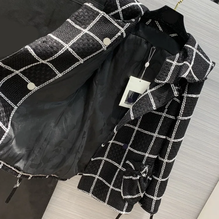 

Luxury Brand Women Jacket Vintage Ruffle Collar Camellia Lining Plaid Woven Coarse Woolen Lace Waist Coat Jennie Same Style