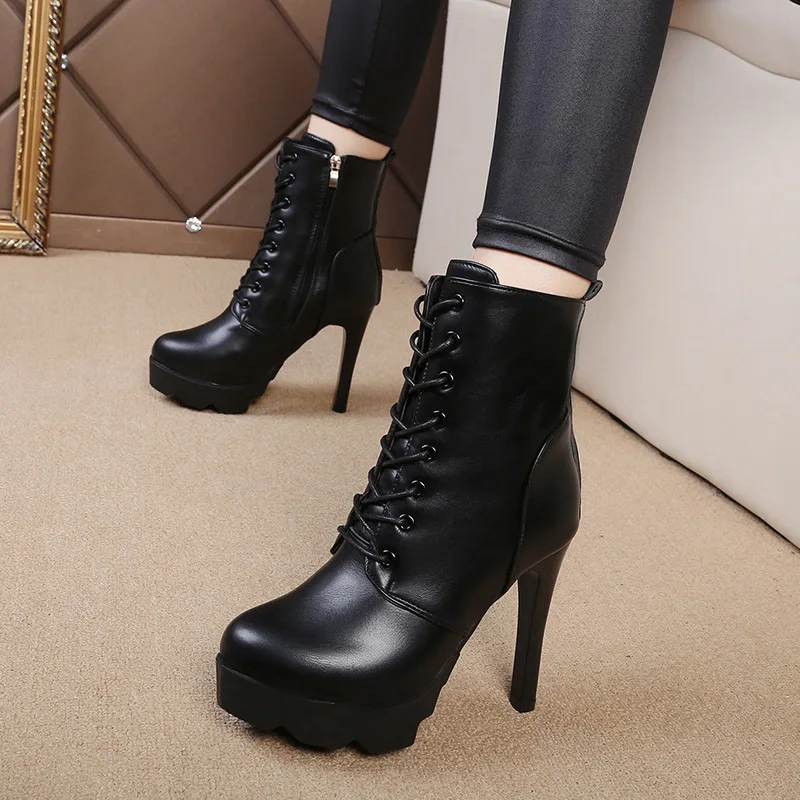 2019 г. новые зимние ботинки на очень высоком каблуке однотонные женские из PU