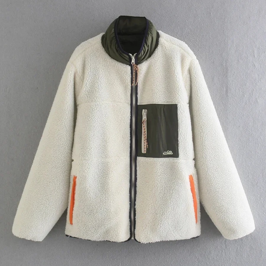 

Withered Fashion Winter Parka Coat High Street Vintage Loose Patchwork Color Contrast Zippers Fleece Coat Bomber Jacket Women
