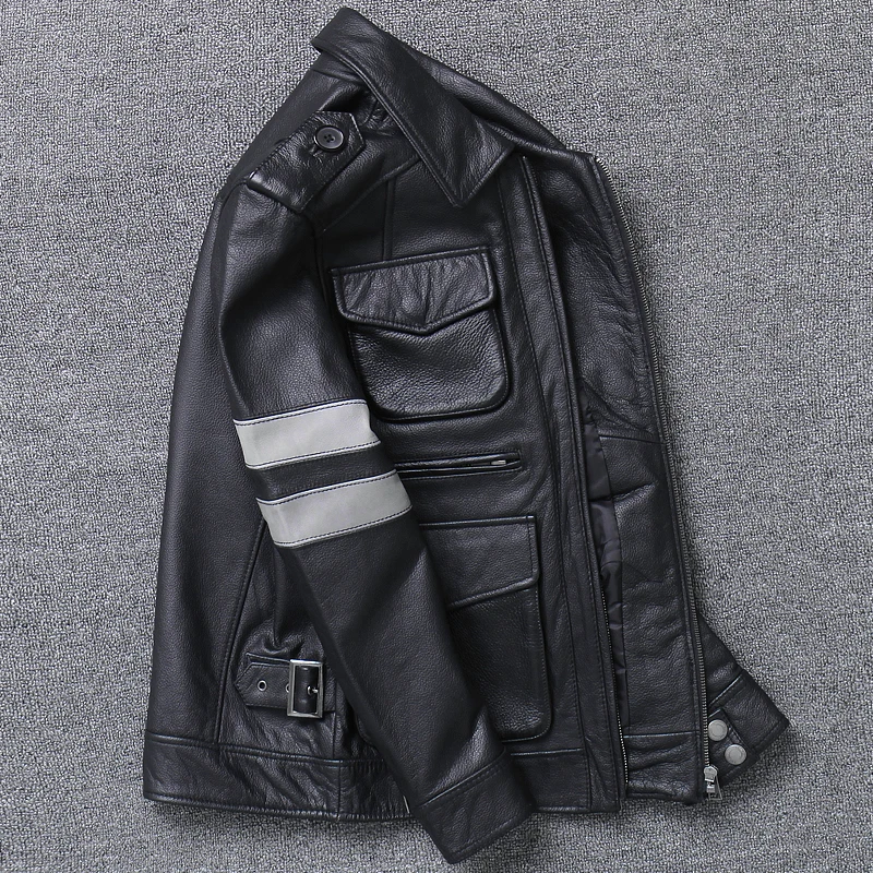 Итальянская мужская короткая куртка из натуральной телячьей кожи с карманами на
