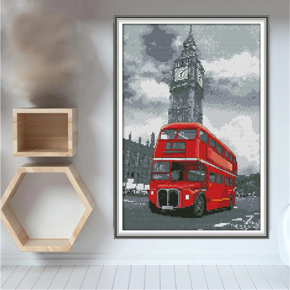 

HUACAN Embroidery Bus Scenery Needlework Sets For Full Kits White Canvas DIY Cross Stitch Landscape Home Decor 14CT