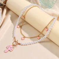 just feel pink enamel heart mushroom pendant necklace for women multilayer pearls chain ot buckle choker necklace trendy jewelry