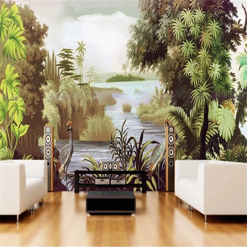 

milofi custom large wallpaper mural European retro nostalgic hand-painted rainforest flamingo pastoral background wallpaper mura