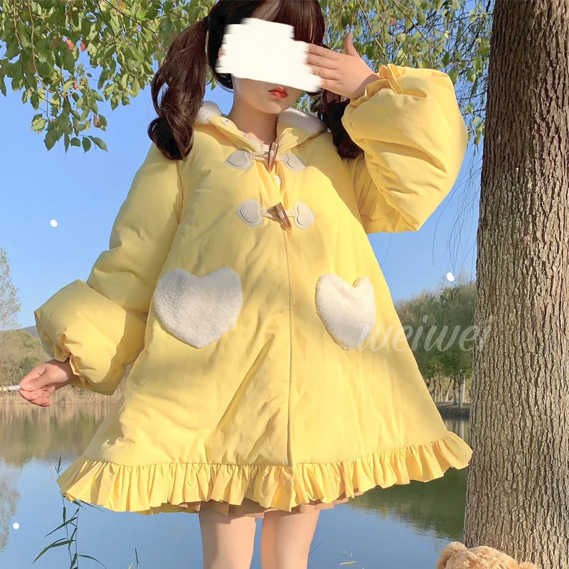 Lolita Dress Japanese Soft Girl Cute Winter Thicken Hooded Cotton Clothes Coat Vintage Long Sleeve Kawaii Women Lolita Outweare