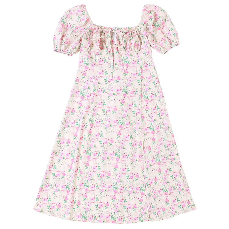 

Autumn Winter Women Dress Puff Sleevesplit Print Short Sleeve Square Collar Aline Dress