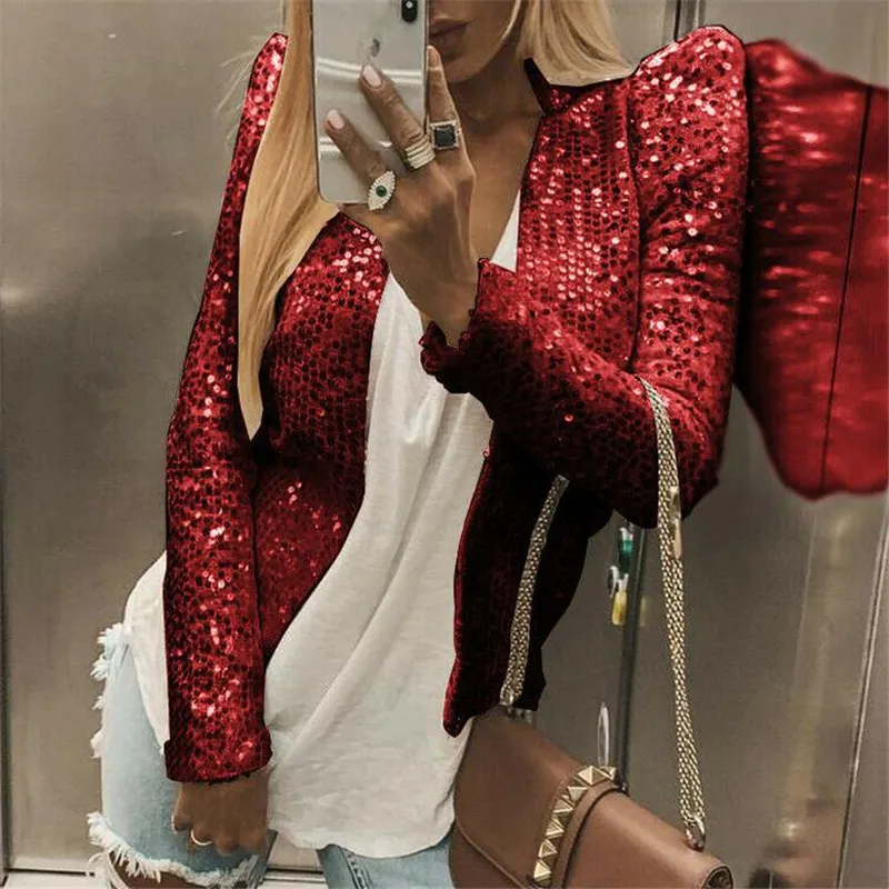 Женский блейзер с длинным рукавом Роскошный Блейзер блестками блестящее