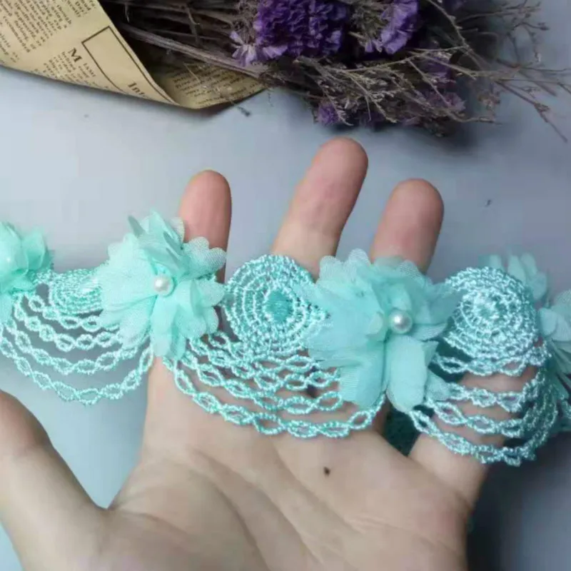 10X зеленый цветок жемчужный шифоновый вышитый кружевной отделкой лента