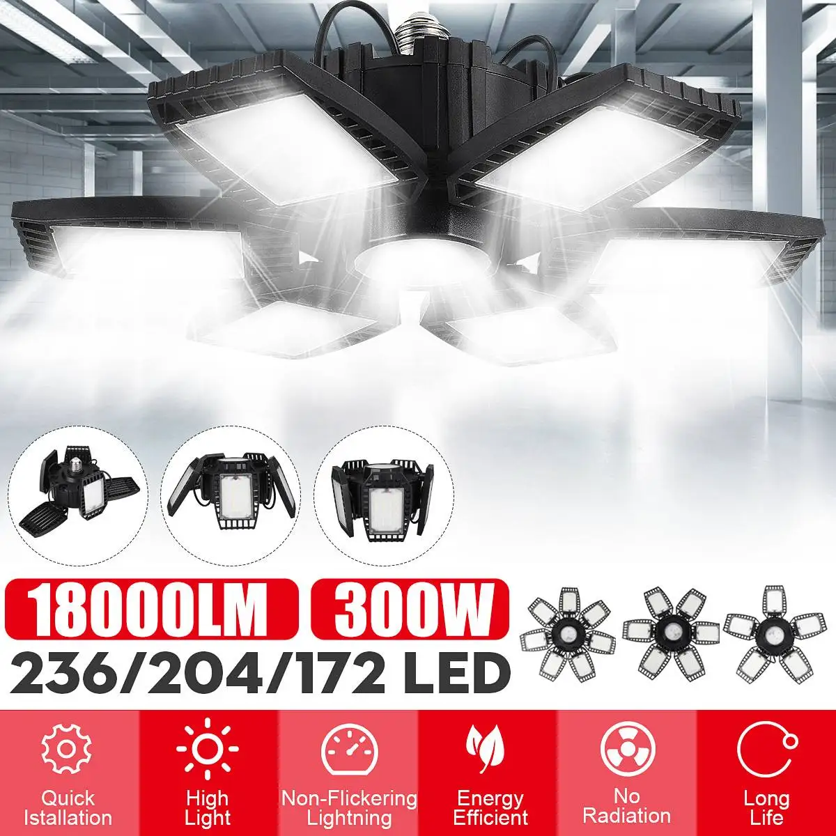 

300W 18000LM Deformable Industrial Lighting E27 Led Fan Garage Light Super Bright 2835 Led High Bay Industrial Lamp for Workshop