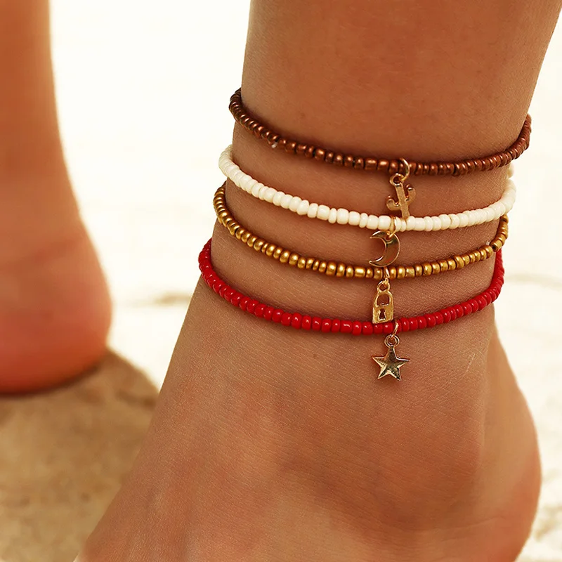 

Fashion Boho Beads Choker Anklets Womens Stars Moon Lock Color Measle Pendant Anklets Jewelry For Girls