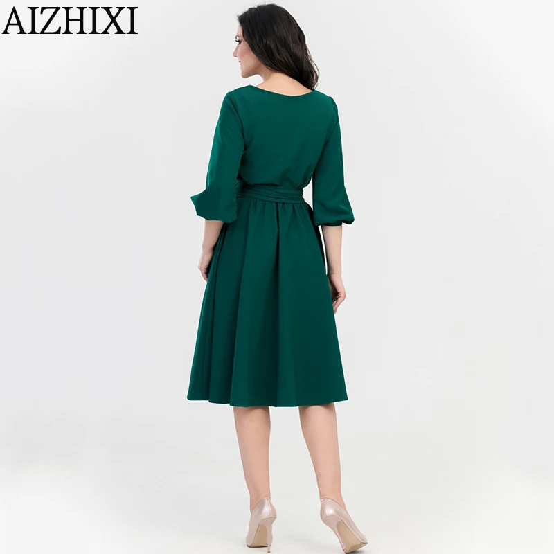 AIZHIXI винтажное однотонное платье трапециевидной формы с карманами и поясом