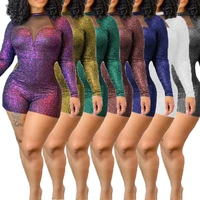 european and american autumn and winter sexy women mesh stitching tight fitting shiny nightclub jumpsuit women