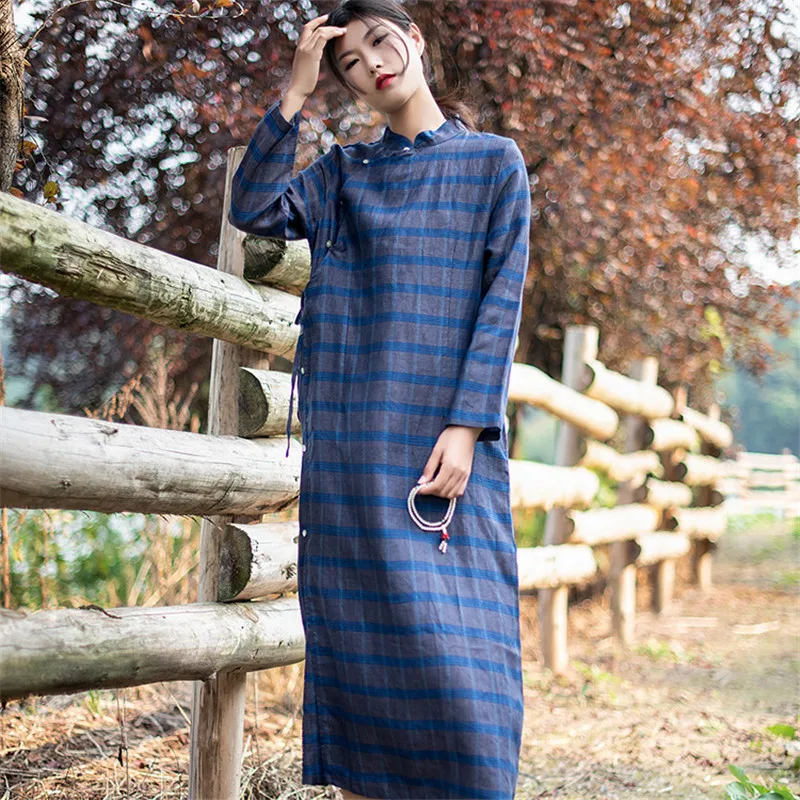 Blue Plaid SCUWLINEN Новое Осеннее женское платье классическое клетчатое длинное льняное платье со шнуровкой и стоячим воротником свободное винтажное платье Vestidos S972 - Цвет: Blue Plaid