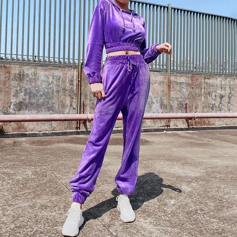 

Womens 2 Piece Tracksuit Outfits, Long Sleeve Solid Color Crop Hooded Top + Elastic Waist Joggers Set