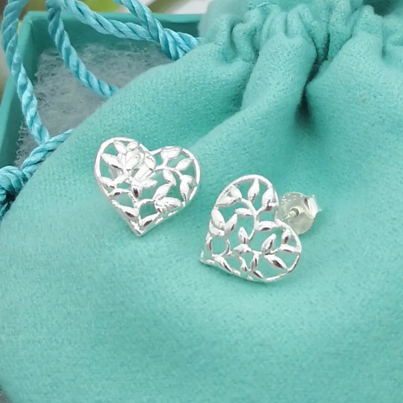 

Women's Sterling Silver Classic Rose Gold Heart Shaped Olive Branch Plant Leaf Stud Earrings