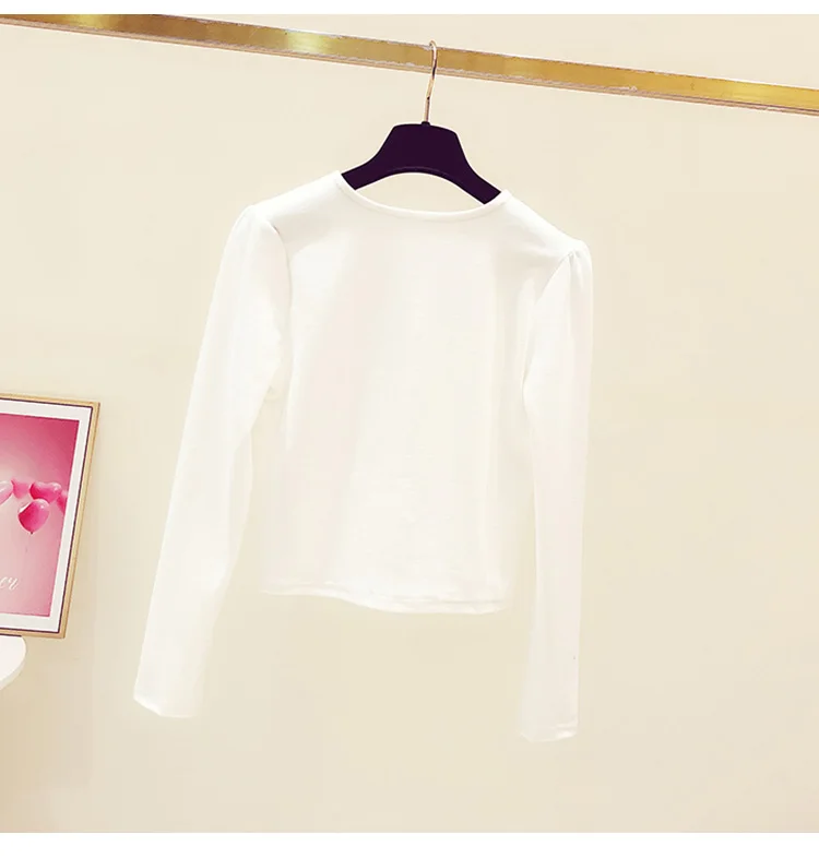 

2021 Spring New French Style Diamonds Buckle V-neck Pullover Long Sleeve Tight Waist T-shirt for Women Short Slim Bottoming Top