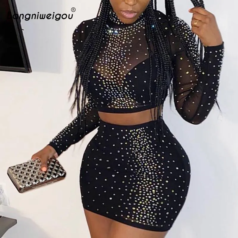 Bangniweigou Long Sleeve Diamond Mesh Top & Skirt Two Piece Set Women Sexy Rhinestone Sparkle Dress 2piece Set Night Party Suits