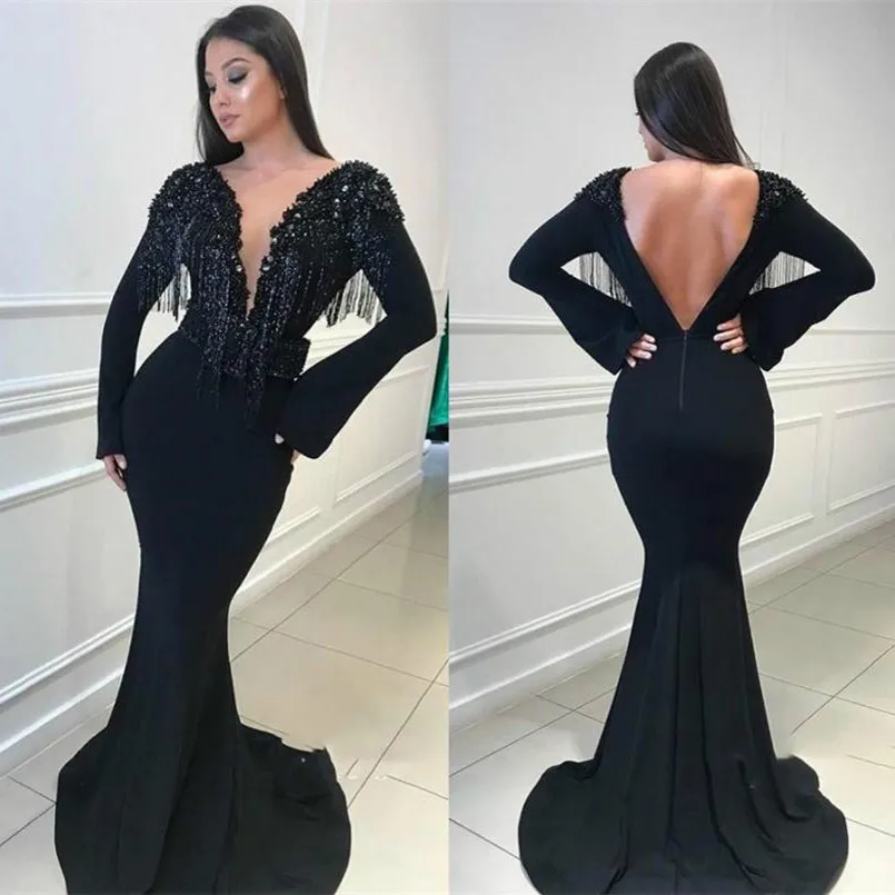 

Sexy Black Deep V-Neck Mermaid Evening Dress Long Beading Crystal Tassal Backless Prom Gowns vestidos de fiesta de noche