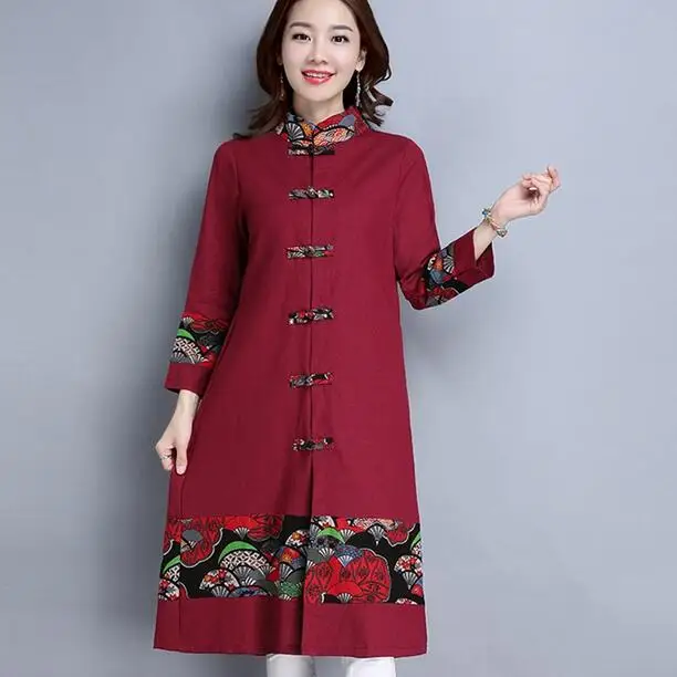 Весенне-осеннее Женское пальто из хлопка и льна с принтом Длинные рубашки