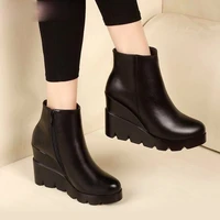 2021 autumn winter soft leather platform high heels girl wedges ankle boots shoes for woman fashion boots women size 34 40